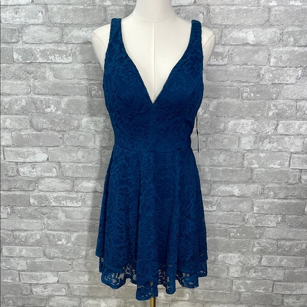 Emerald Sundae Teal Lace Plunge Fit and Flare Mini Dress